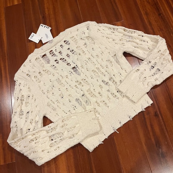 ZARA Cardigan Sweater Knit Cream Beige Distressed Button Front Long Sleeve New S - Picture 3 of 10